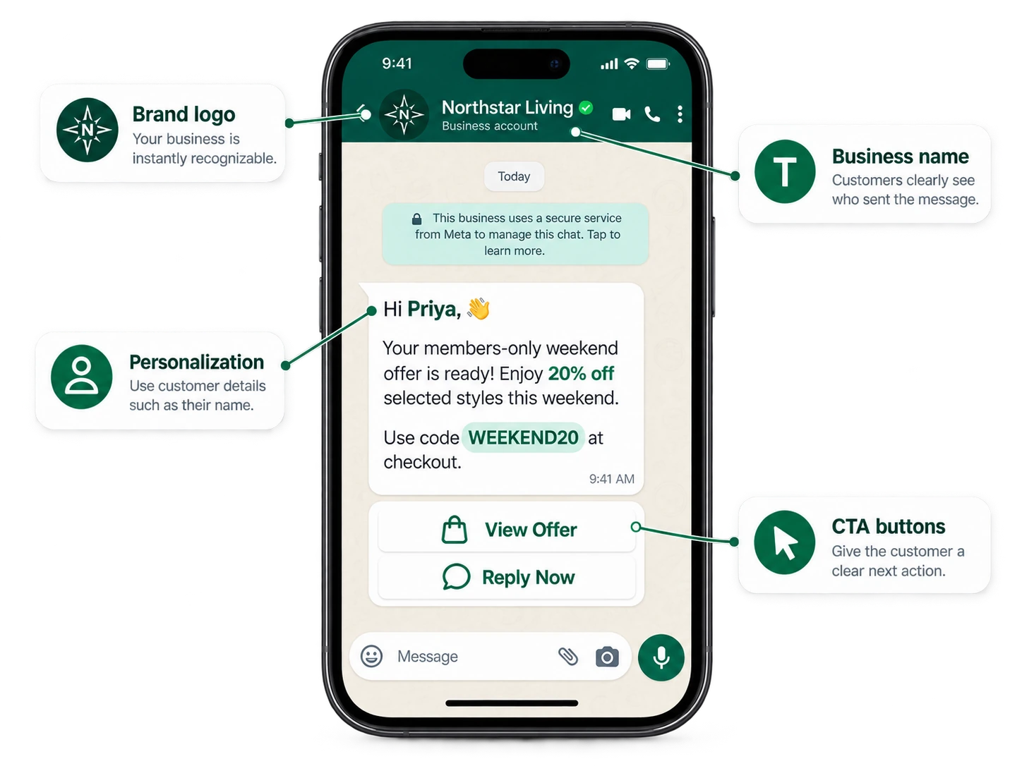 Branded WhatsApp business message example
